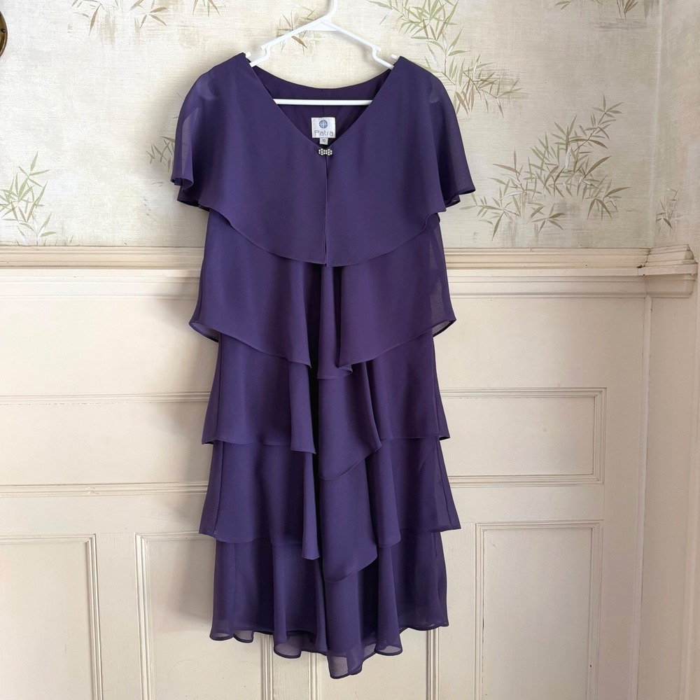 Patra Purple Tiered Ruffle Dress Sheer Flutter Sleeve Cocktail Wedding Size 10